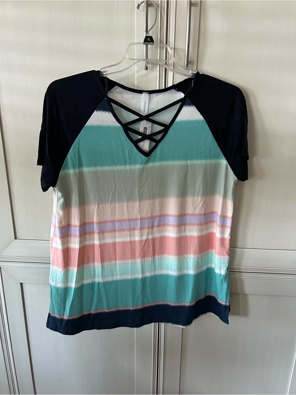 Honeyme Striped Crisscross V-Neck Top - Navy, Teal & Coral